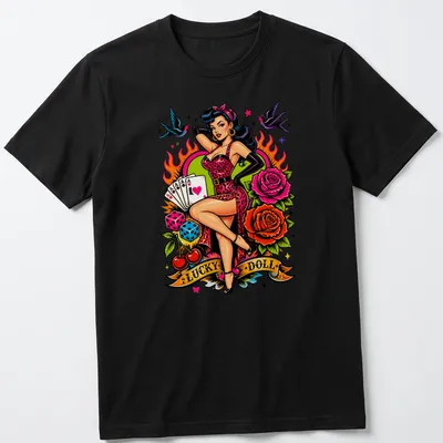 Vintage tattoo style Lucky Doll T-shirt featuring Pin Up Lady Luck design