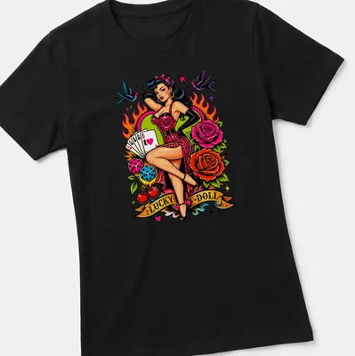 Vintage tattoo style Lucky Doll T-shirt featuring Pin Up Lady Luck design — printed on a women's shirt