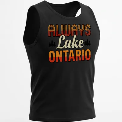 Retro distressed Pine Trees Sunset design with the text Always Lake Ontario — printed on a tank top