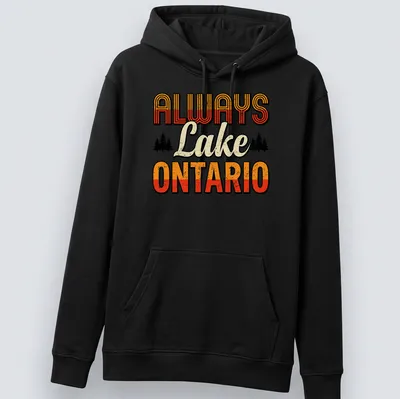 Retro distressed Pine Trees Sunset design with the text Always Lake Ontario — printed on a unisex hoodie
