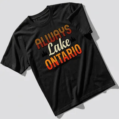 Retro distressed Pine Trees Sunset design with the text Always Lake Ontario — printed on a unisex t-shirt