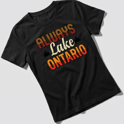 Retro distressed Pine Trees Sunset design with the text Always Lake Ontario — printed on a women's shirt