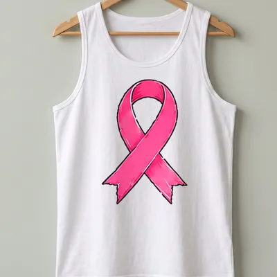 Cartoon-style pink ribbon design on a breast cancer awareness — printed on a tank top
