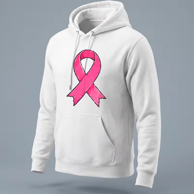 Cartoon-style pink ribbon design on a breast cancer awareness — printed on a unisex hoodie