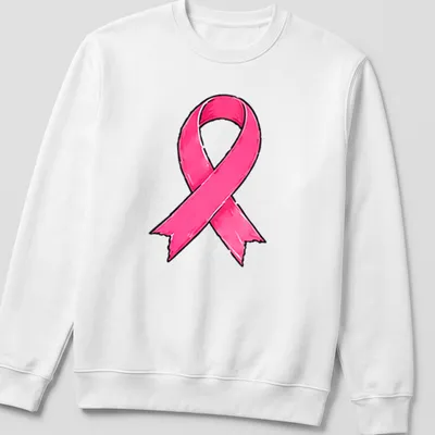 Cartoon-style pink ribbon design on a breast cancer awareness — printed on a unisex sweatshirt