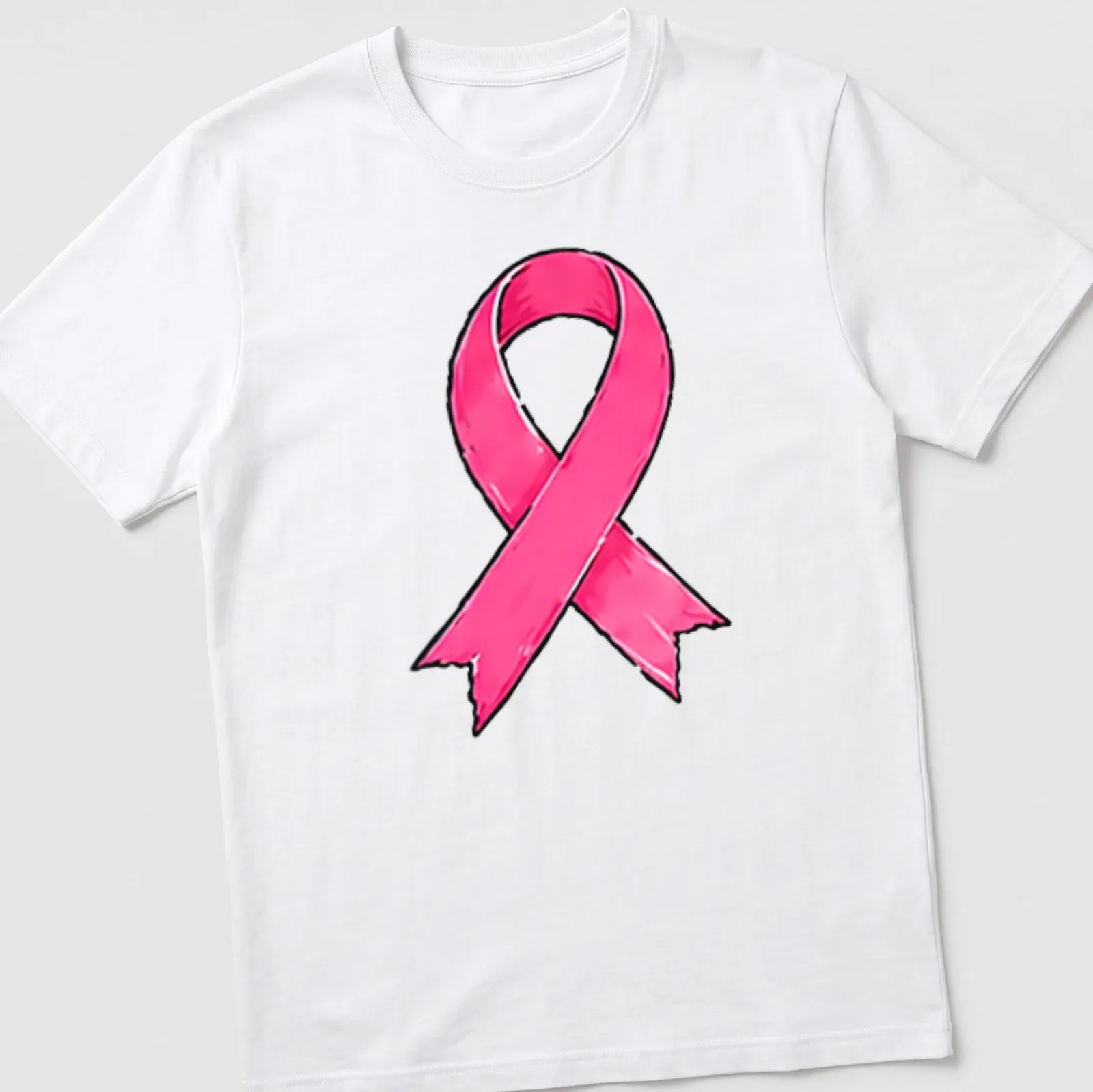 Cartoon-style pink ribbon design on a breast cancer awareness — printed on a unisex t-shirt