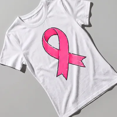 Cartoon-style pink ribbon design on a breast cancer awareness — printed on a women's shirt