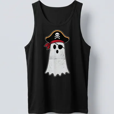 Cartoon pirate ghost with cutlass in black, red, white, and yellow — printed on a tank top
