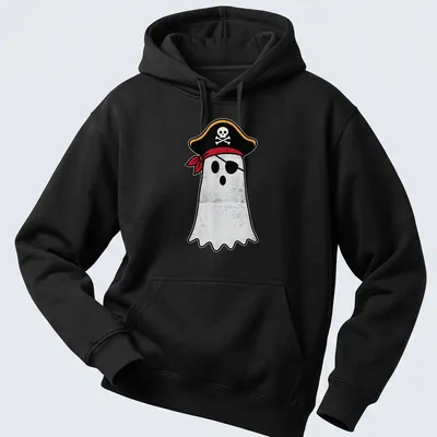 Cartoon pirate ghost with cutlass in black, red, white, and yellow — printed on a unisex hoodie
