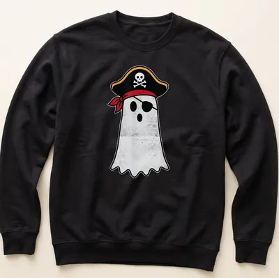 Cartoon pirate ghost with cutlass in black, red, white, and yellow — printed on a unisex sweatshirt