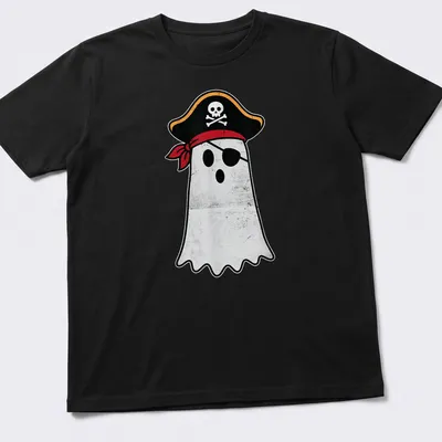 Cartoon pirate ghost with cutlass in black, red, white, and yellow
