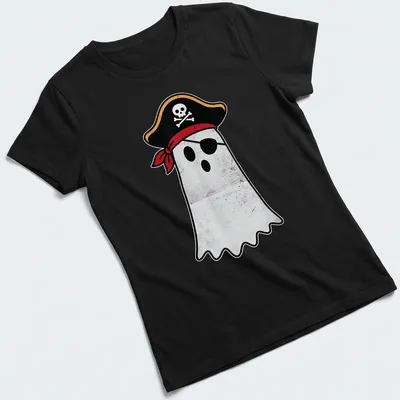 Cartoon pirate ghost with cutlass in black, red, white, and yellow — printed on a women's shirt