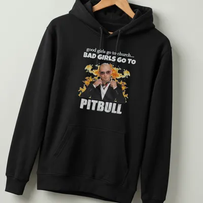 Bold typography t-shirt featuring Pitbull with a playful saying about good and bad girls. — printed on a unisex hoodie