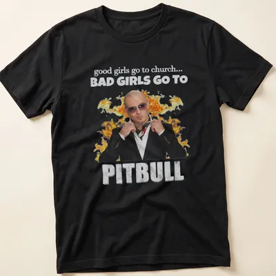 Bold typography t-shirt featuring Pitbull with a playful saying about good and bad girls. — printed on a unisex t-shirt