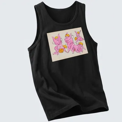 Playful cartoon cherubs with text in pink, yellow, and peach tones — printed on a tank top