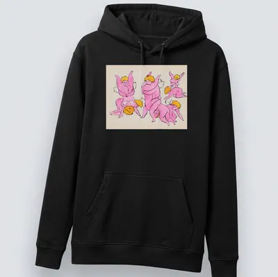 Playful cartoon cherubs with text in pink, yellow, and peach tones — printed on a unisex hoodie