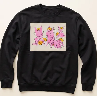 Playful cartoon cherubs with text in pink, yellow, and peach tones — printed on a unisex sweatshirt