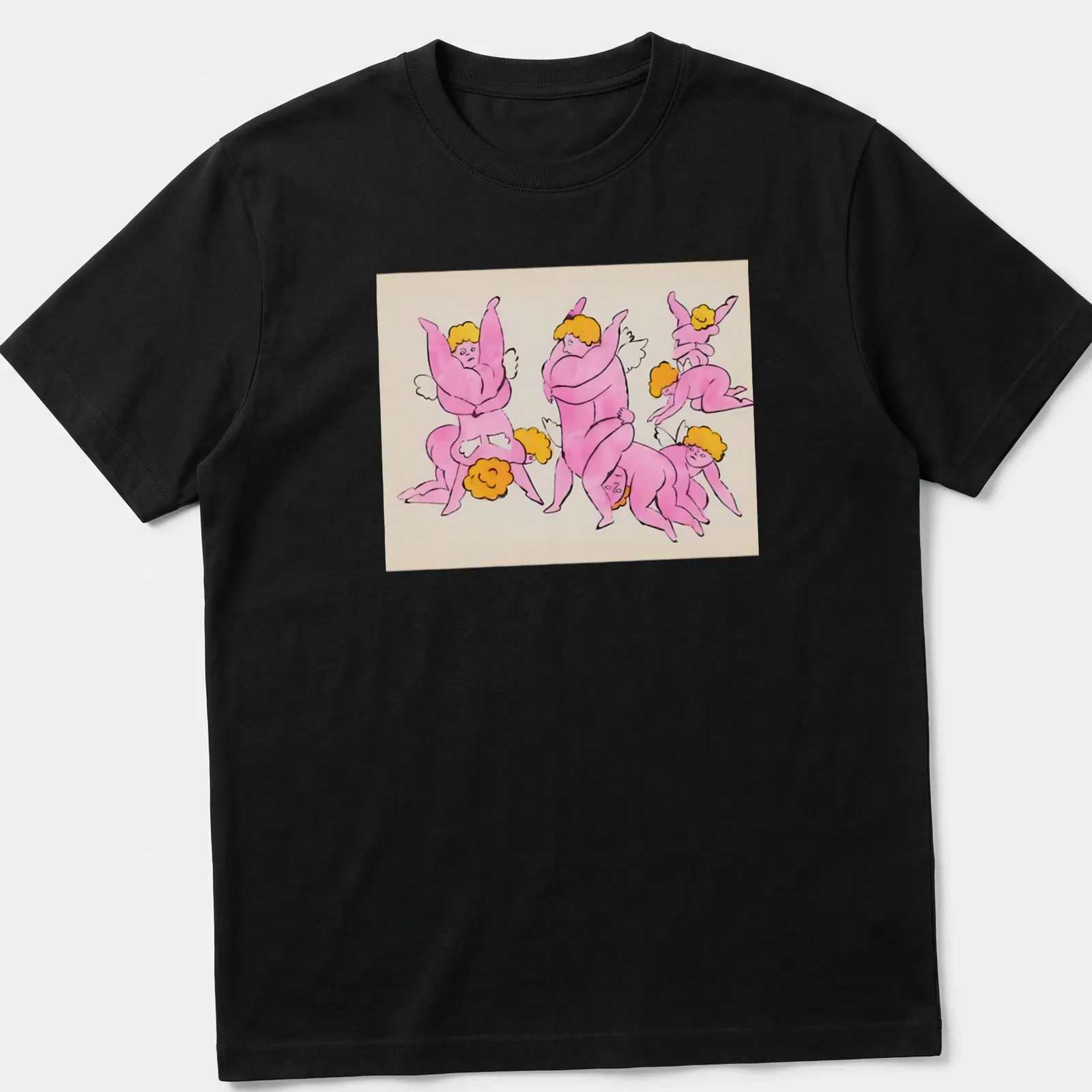 Playful cartoon cherubs with text in pink, yellow, and peach tones — printed on a unisex t-shirt