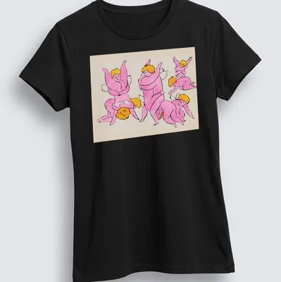 Playful cartoon cherubs with text in pink, yellow, and peach tones — printed on a women's shirt