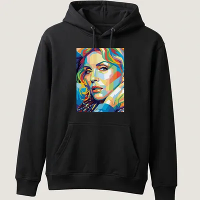 Pop art portrait of Debbie Harry in vibrant colors — printed on a unisex hoodie
