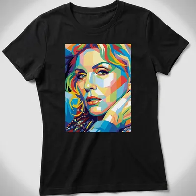 Pop art portrait of Debbie Harry in vibrant colors — printed on a women's shirt