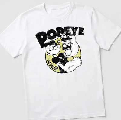 Vintage style Popeye t-shirt with bold text and cartoon design