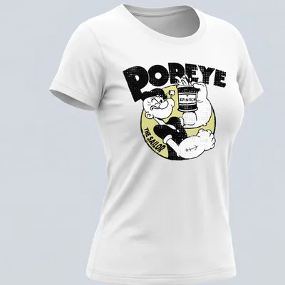 Vintage style Popeye t-shirt with bold text and cartoon design — printed on a women's shirt