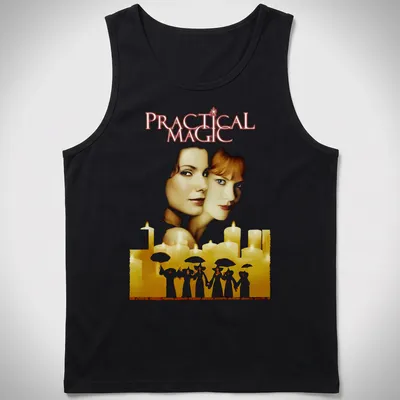 Vintage illustration of women with umbrellas and the text Practical Magic — printed on a tank top