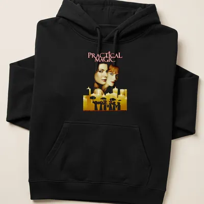 Vintage illustration of women with umbrellas and the text Practical Magic — printed on a unisex hoodie