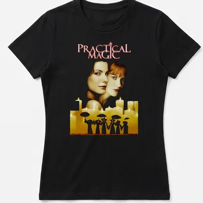 Vintage illustration of women with umbrellas and the text Practical Magic — printed on a women's shirt
