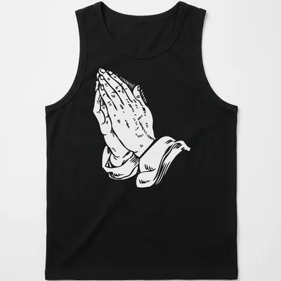 White text art of praying hands with the phrase 'Pray for me as I pray for you' — printed on a tank top