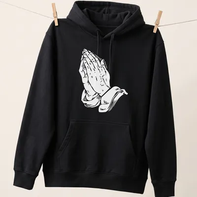White text art of praying hands with the phrase 'Pray for me as I pray for you' — printed on a unisex hoodie