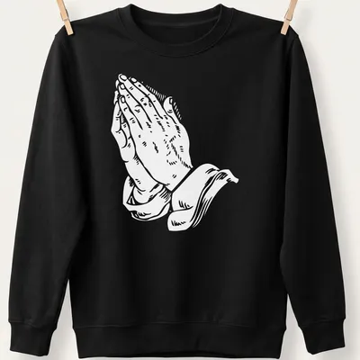 White text art of praying hands with the phrase 'Pray for me as I pray for you' — printed on a unisex sweatshirt