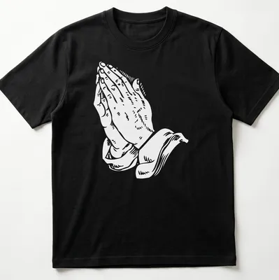 White text art of praying hands with the phrase 'Pray for me as I pray for you'