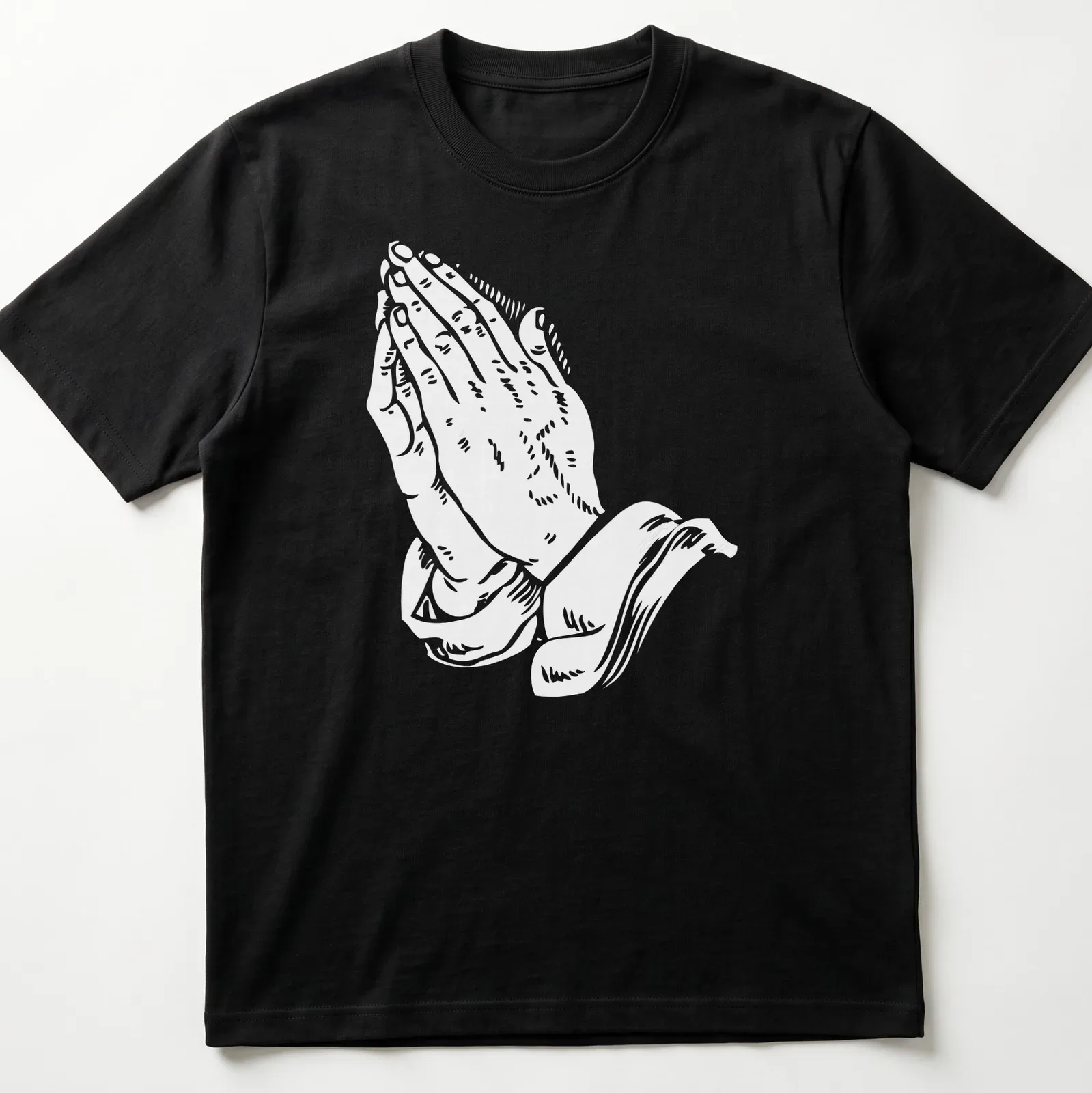 White text art of praying hands with the phrase 'Pray for me as I pray for you' — printed on a unisex t-shirt