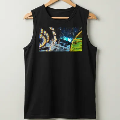 Abstract design featuring the phrase 'Stellar Odyssey Crossing The Prismatic Void' with vibrant colors. — printed on a tank top
