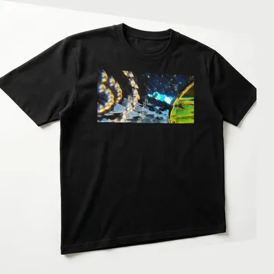 Abstract design featuring the phrase 'Stellar Odyssey Crossing The Prismatic Void' with vibrant colors. — printed on a unisex t-shirt (angled view)
