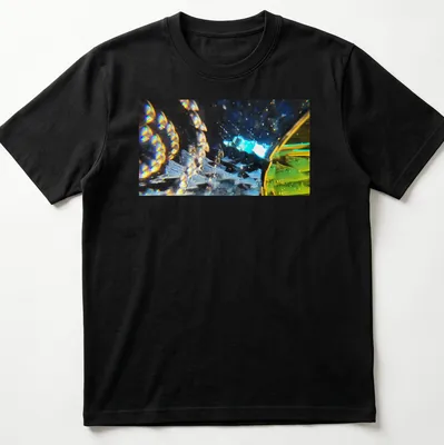 Abstract design featuring the phrase 'Stellar Odyssey Crossing The Prismatic Void' with vibrant colors.