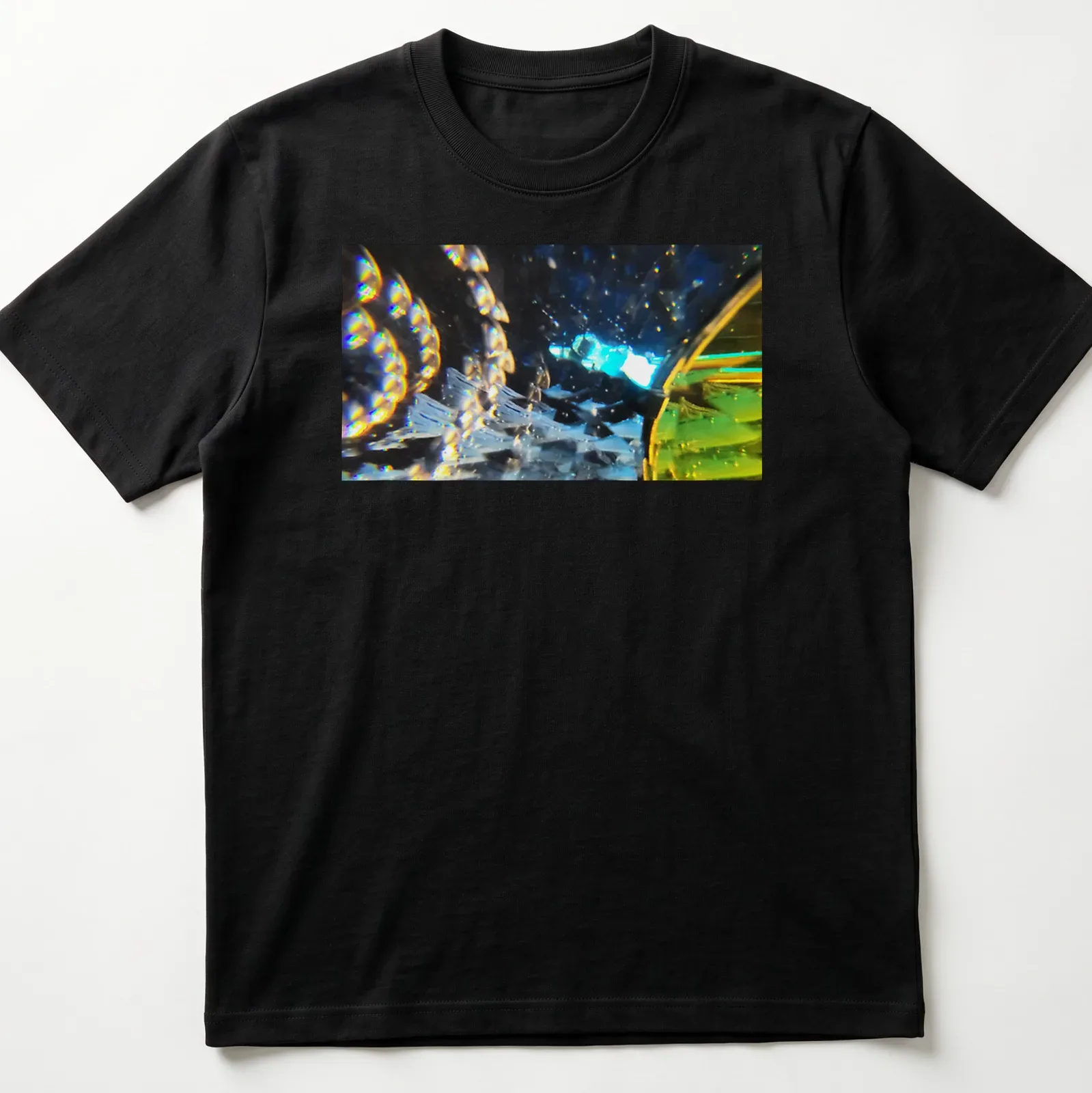 Abstract design featuring the phrase 'Stellar Odyssey Crossing The Prismatic Void' with vibrant colors. — printed on a unisex t-shirt