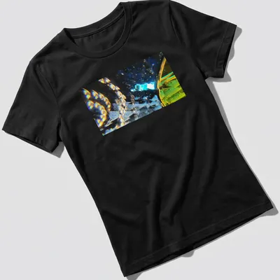 Abstract design featuring the phrase 'Stellar Odyssey Crossing The Prismatic Void' with vibrant colors. — printed on a women's shirt