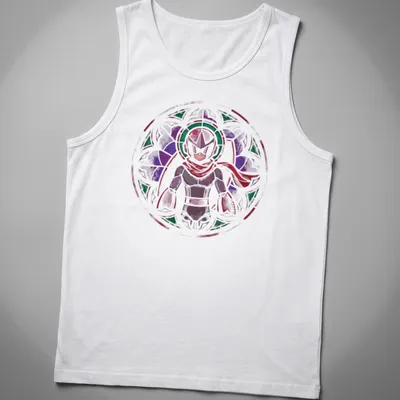 Stained glass design featuring Proto Man in purple, green, red, and white — printed on a tank top