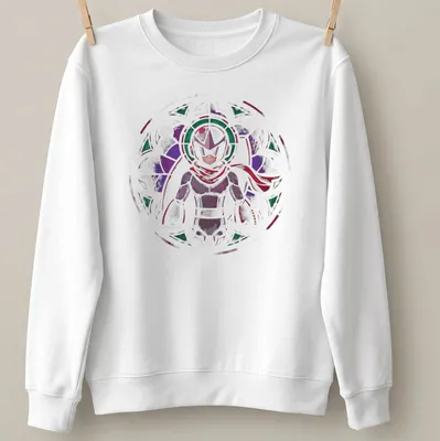 Stained glass design featuring Proto Man in purple, green, red, and white — printed on a unisex sweatshirt