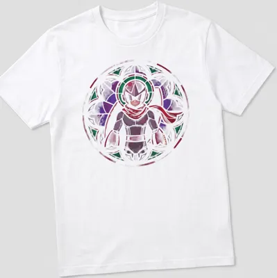 Stained glass design featuring Proto Man in purple, green, red, and white