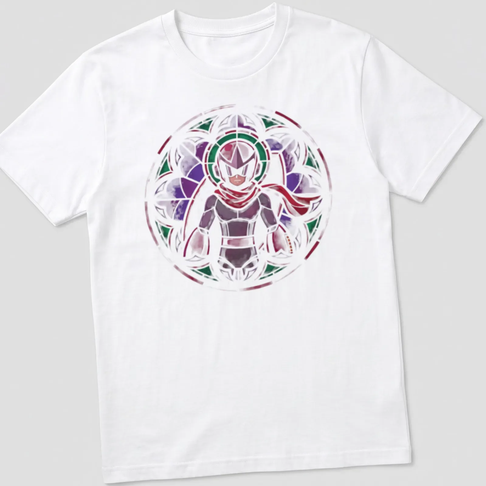 Stained glass design featuring Proto Man in purple, green, red, and white — printed on a unisex t-shirt