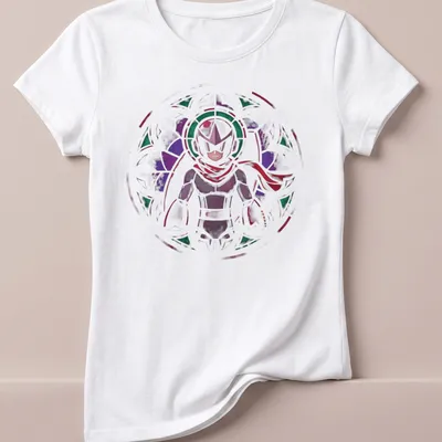 Stained glass design featuring Proto Man in purple, green, red, and white — printed on a women's shirt