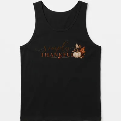 Elegant script 'simply THANKFUL' with pumpkins and autumn leaves design — printed on a tank top