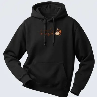 Elegant script 'simply THANKFUL' with pumpkins and autumn leaves design — printed on a unisex hoodie