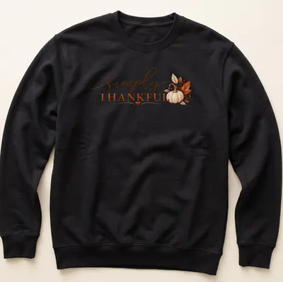 Elegant script 'simply THANKFUL' with pumpkins and autumn leaves design — printed on a unisex sweatshirt