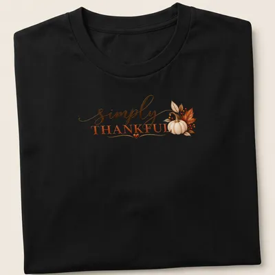 Elegant script 'simply THANKFUL' with pumpkins and autumn leaves design