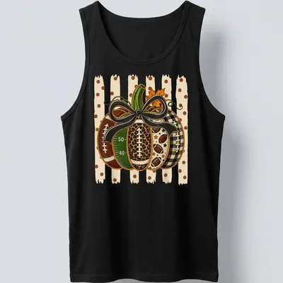 Colorful illustration of a pumpkin with footballs and bow in autumn hues — printed on a tank top